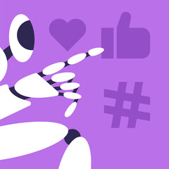 Fototapeta premium Artificial intelligence in social networks, marketing tools based on artificial intelligence, intelligent interface. Robot with like. Flat vector illustration.