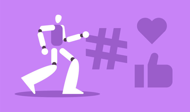 AI Robot in social networks, marketing tools based on artificial intelligence, intelligent interface. Flat vector illustration.