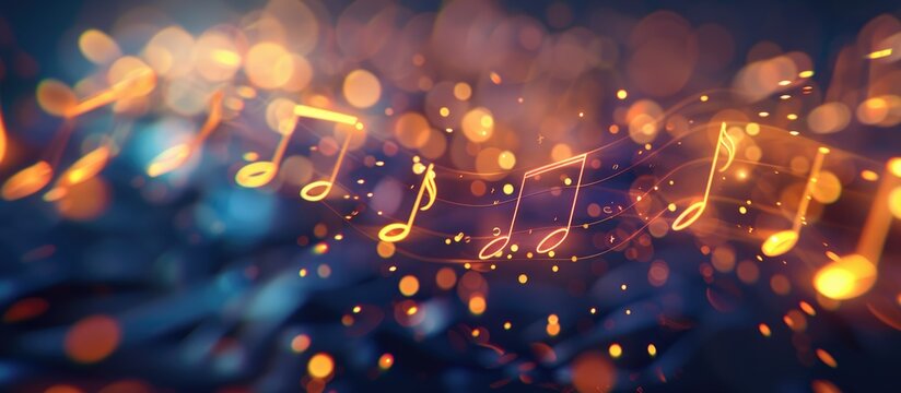 Music notes symbols on glowing blurred lights bokeh background. Concert, karaoke or performance concept banner