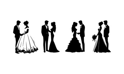 bride and groom silhouettes set black and white ,bride and groom silhouettes set design