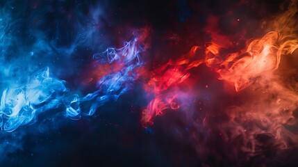 An abstract depiction of nebula smoke fire in red and blue light isolated on a black background, embodying the concept of versus, competition, and fight - obrazy, fototapety, plakaty