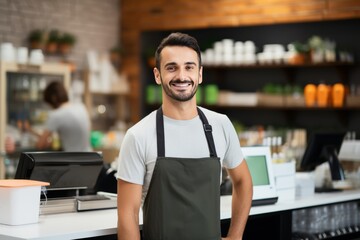 Fototapeta premium A smiling cashier speaks politely