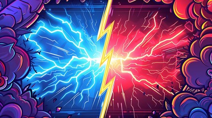 Comics-inspired versus frame with a lightning ray border, a comic fighting duel and confrontation logo for VS battle challenges and sports team matches in an isolated cartoon vector background - obrazy, fototapety, plakaty