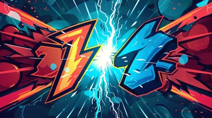 Foto op Plexiglas Comics-inspired versus frame with a lightning ray border, a comic fighting duel and confrontation logo for VS battle challenges and sports team matches in an isolated cartoon vector background © Orxan