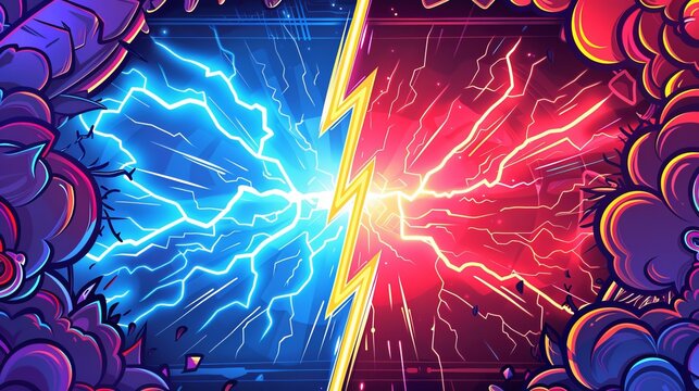 Comics-inspired versus frame with a lightning ray border, a comic fighting duel and confrontation logo for VS battle challenges and sports team matches in an isolated cartoon vector background