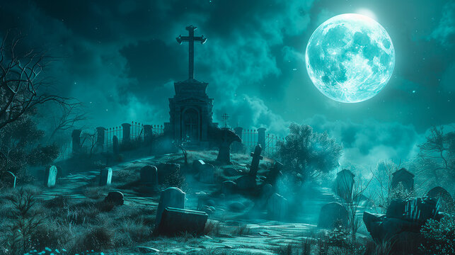 halloween night scene with graveyard in the background