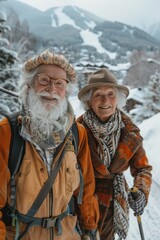 Fototapeta premium Smiling old man and old woman climbing a mountain in winter, selective focus