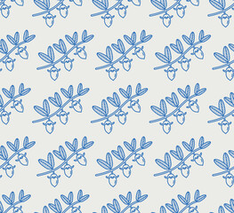 Seamless pattern of jojoba branch with fruit. Line art, retro. Plants and herbs for cosmetics.