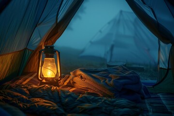 Gas lamp illuminating small camping tent with sleeping bags rugs and oil lamp - Powered by Adobe