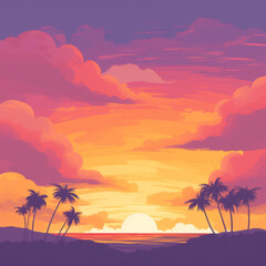 Fototapeta na wymiar Vector minimalist tropical sunset skyline at the beach vector art
