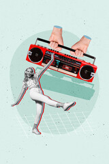 Vertical photo collage of happy girl dance headphones listen hand hold recorder boombox vintage...