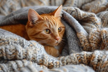 Ginger cat sleeps comfortably under a cozy blanket in a cute home setting