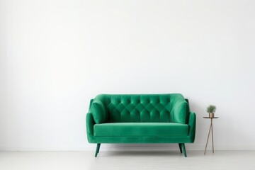 Soft empty green sofa on a white background. Comfortable fabric couch against the white wall.