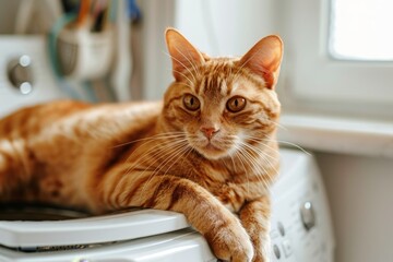 Ginger tabby cat napping on washing machine in bathroom