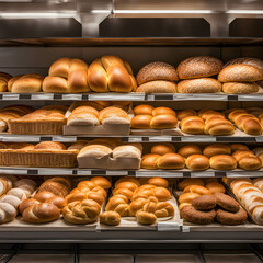 There are various fresh breads on the shelves in the bakery.