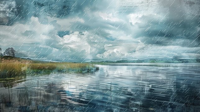 The rain falling on the lake is a natural beauty. Watercolor painting. Use for wallpaper, postcards, brochures or posters.