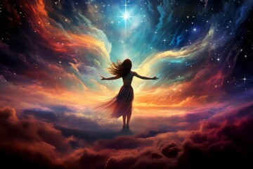 A girl against the backdrop of the vast expanses of space, where stardust dances in the dance of gravity, creating multi-colored clouds and unusual shapes.