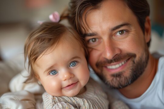 A close-up image of a father smiling with his baby girl who has big blue eyes and a cute expression