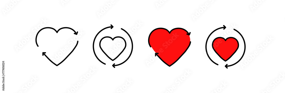 Poster heart icons with arrows in a circle. different styles, red, heart updates, circle arrows, heart icon