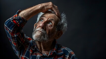 Confused Elderly Man Scratching Head with Puzzled Expression on Isolated Dark Background Depicting Dementia or Memory Loss Concept