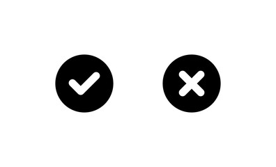 Check mark and cross icons. Silhouette, black, round checkmark and cross icons. Vector icons