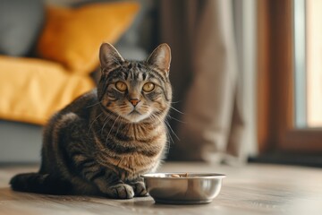 Gorgeous tabby cat by a food bowl near a window eating with focus