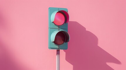 close up photo of traffic light isolated on light pink background 