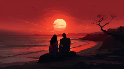 Poster Couple of sitting on a beach watching sunset vector illustration © MrTexture