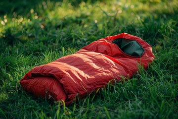 Green grass outdoors with red sleeping bag in sack