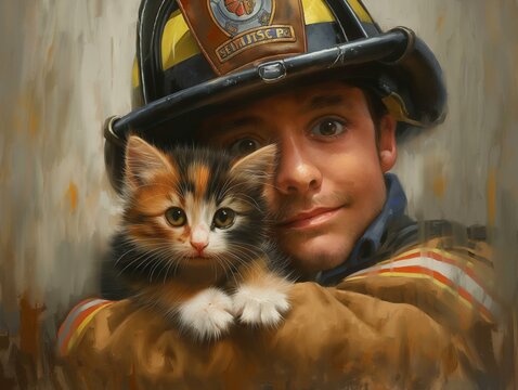 A firefighter is holding a kitten in his arms. The kitten is black, white, and orange