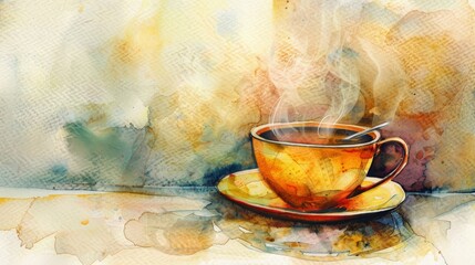 Naklejka na ściany i meble Abstract watercolor painting of a cup of hot coffee. Use for wallpaper, posters, postcards, brochures.