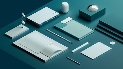 stationery set, dark cyan and white, oversized objects, cartel core, eccentric detail placements