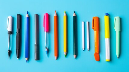 Idyllic image of office supplies, beautiful and colorful pencils, erasers and fluorescents. - obrazy, fototapety, plakaty