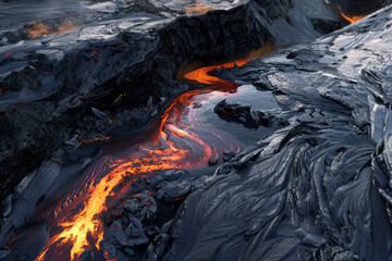 Flowing hot lava from a volcano close up, aerial view
