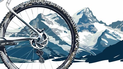 metallic mtb bike derailleur, setting behind the mountains, white background, vectors  - obrazy, fototapety, plakaty