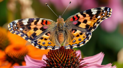 A close-up of a vibrant butterfly resting on a wildflower, its patterned wings contrasting with the delicate petals