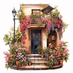 Fototapeta na wymiar a watercolor realistic illustration of a townhouse entrance,framed by an abundance of cascading blossoms and greenery, creating a welcoming vision of urban oasis.