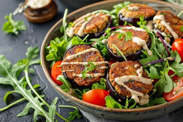 Healthy vegan family meal with tomato salad grilled eggplant falafel and sesame tahini dressing