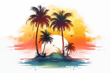 Fototapeta na wymiar Illustration of Tranquil Tropical Island with Palm Trees at Suns