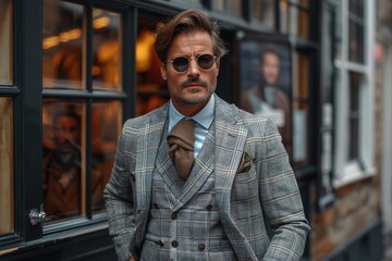 Elegant man in a checkered suit and tie with sunglasses posing near a window - obrazy, fototapety, plakaty