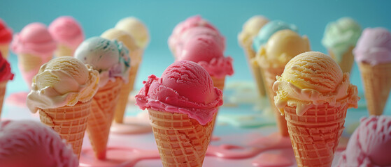 Colorful ice cream cones on vibrant background
