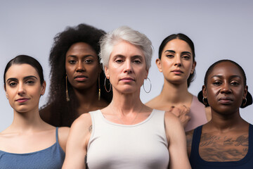  Women and non-binary people of all different skin tones, shapes, and sizes. standing together warm atmosphere accept differences