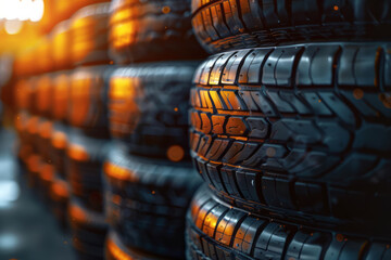 Tires stacked in piles close up with sunset in the background
 - Powered by Adobe