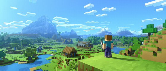 Pixel Man In Fantasy Pixelart World Or Universe, Game Design Concept, Mine City, Mining Craft, Pixelated Bricks And Blocks Wide Panorama Banner