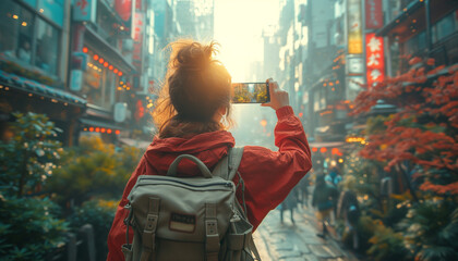 Travel blogger, woman making photo, video with smartphone walking  in the city street. Back view