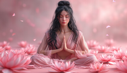 Modern international yoga day. Pink Banner with meditative woman sitting in lotus pose on the lotus flowers, on pink background. Front view
