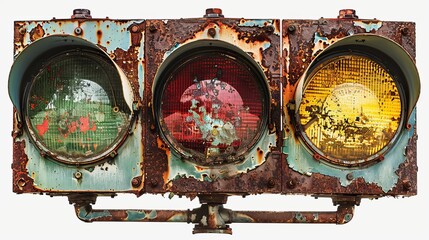 old german traffic light with 3 lights red, yellow, green on top of each other. completely rusted