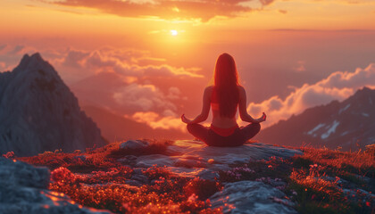 Modern international yoga day, Banner with meditative woman sitting in lotus pose in the sunny rays, mountains landscape with clouds. Back view. Back view