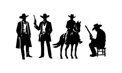 cowboy silhouettes set black and white ,cowboy with silhouettes set design