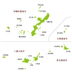 沖縄県全体の地図、離島を含む、日本語の島名と地方名